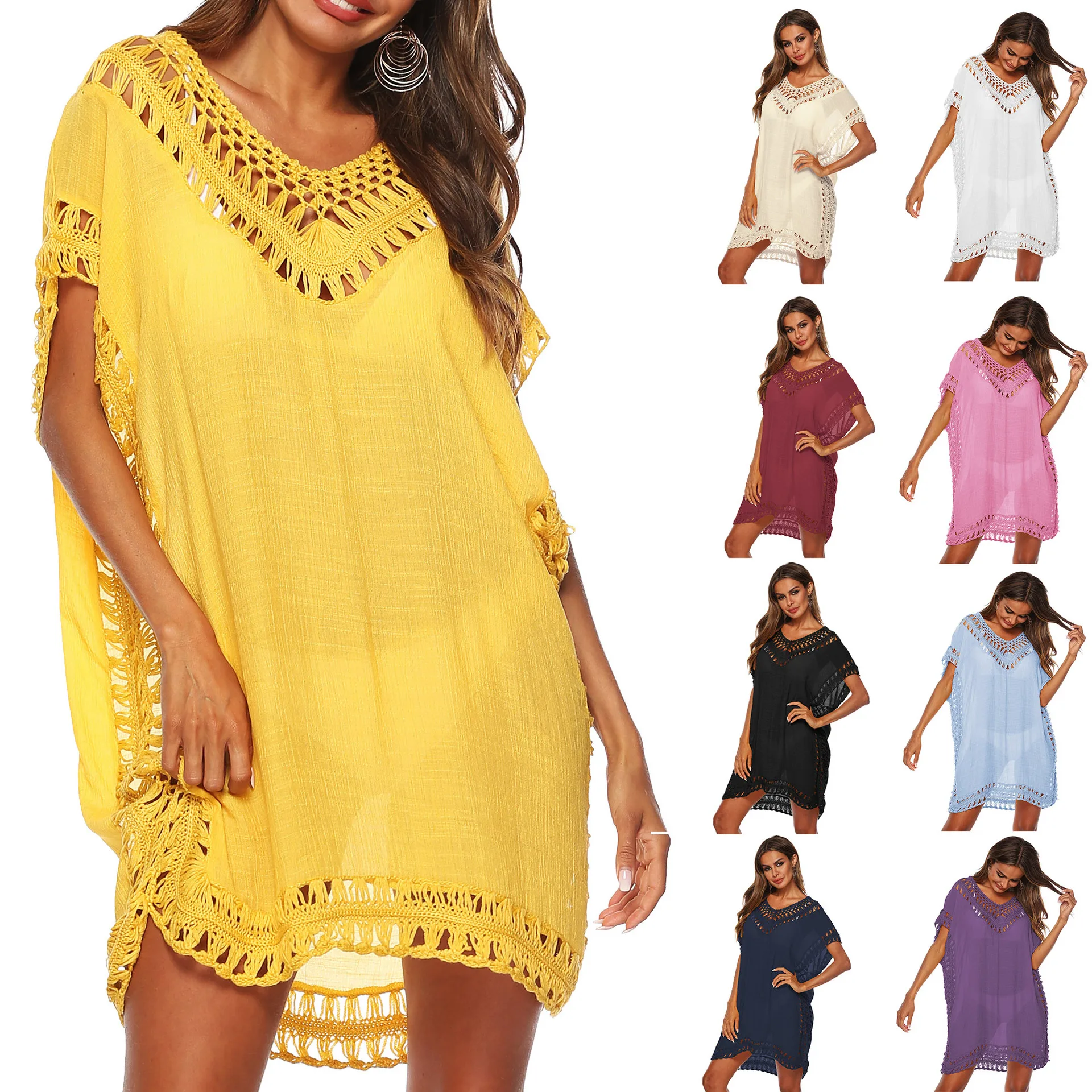 P00885Z Sexy V neck women beach dress Hollow out Crochet Summer short sleeve solid color new in loose style dress