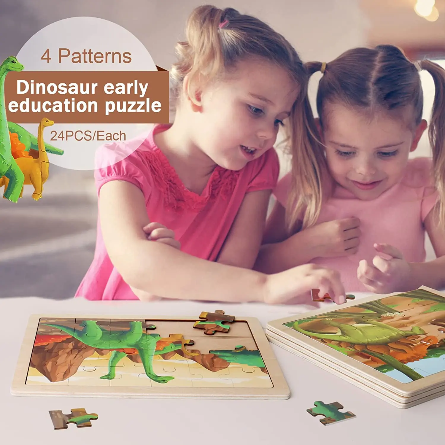 Wooden Dinosaur Puzzles for Kids 24 PCs Jigsaw Puzzles Preschool Educational Brain Teaser Boards Toys Montessori Toys
