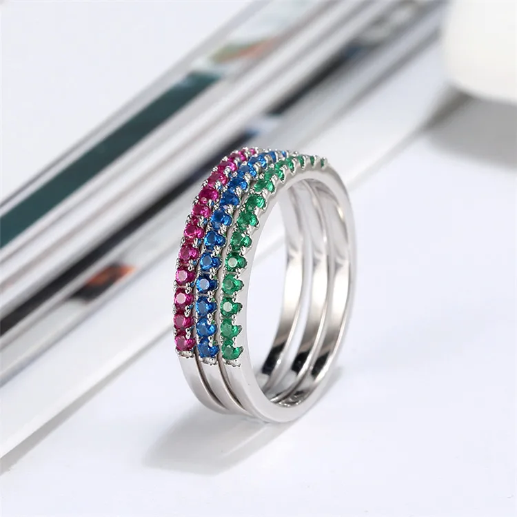 Fashion Wholesale Sterling Silver Shining Half Roll Pave Colorful Daily Gift Natural Ruby Sapphire Emerald Gemstone Ring