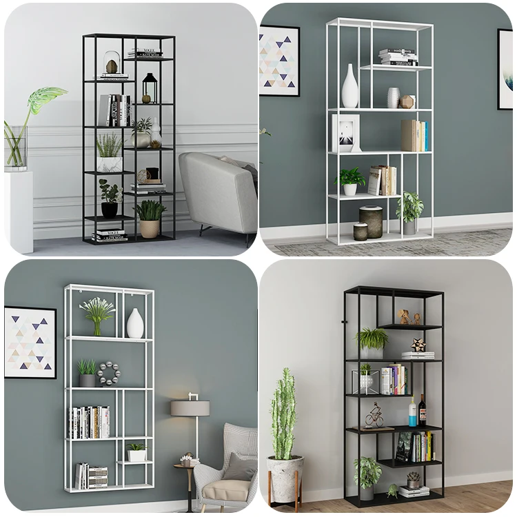 Customized Modern office home bookshelf simple shelf floor free combination metal frame glass bookcase factory supply