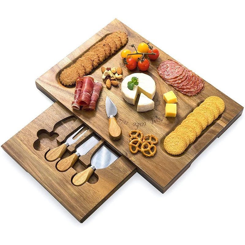 Eco-friendly Kitchen Gadgets Bamboo Cheese Board Set Rectangle Cheese Board Set With 4pcs Knife
