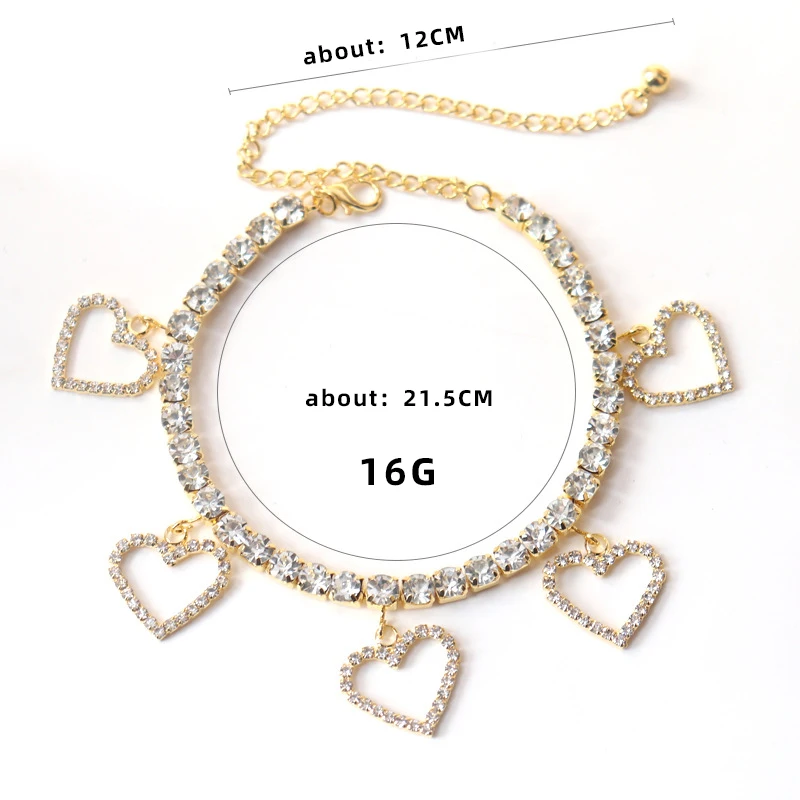 In Stock Beach Gold Plated Customized Crystal Cuban Link Tennis Foot Chain Rhinestone Heart Charms Anklets Bracelet for Women