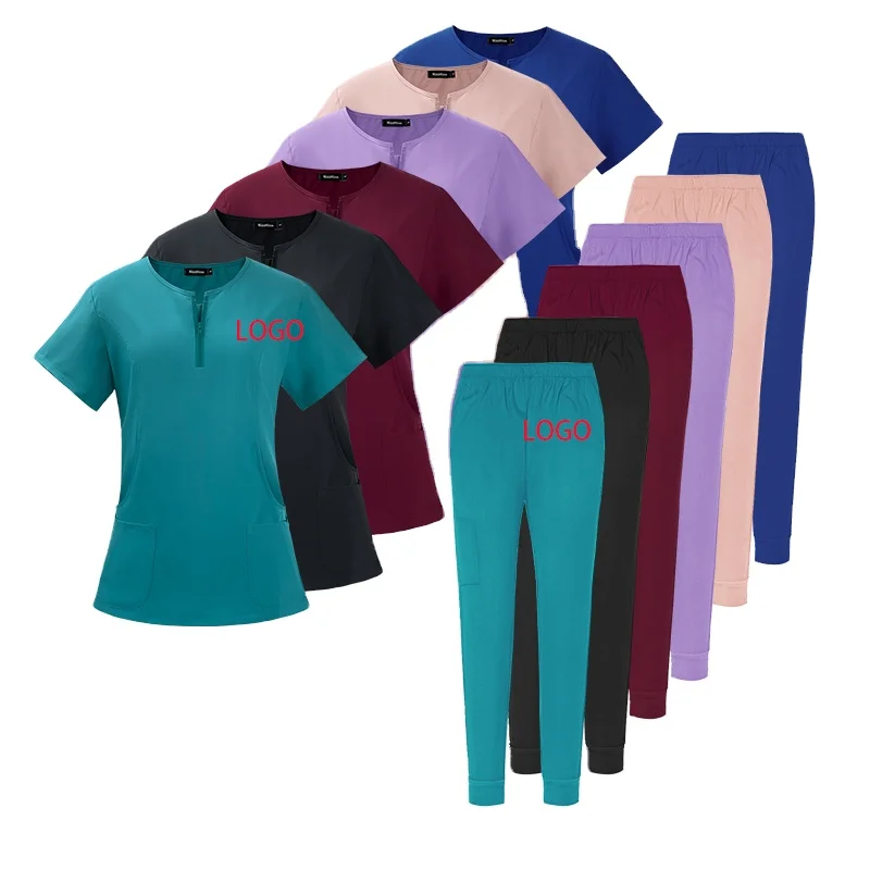Teal Color  High Waist Pants V-Cross Neck High Quality Stretch Hospital Nursing Scrub Sets Nurse Uniform Medical Scrubs