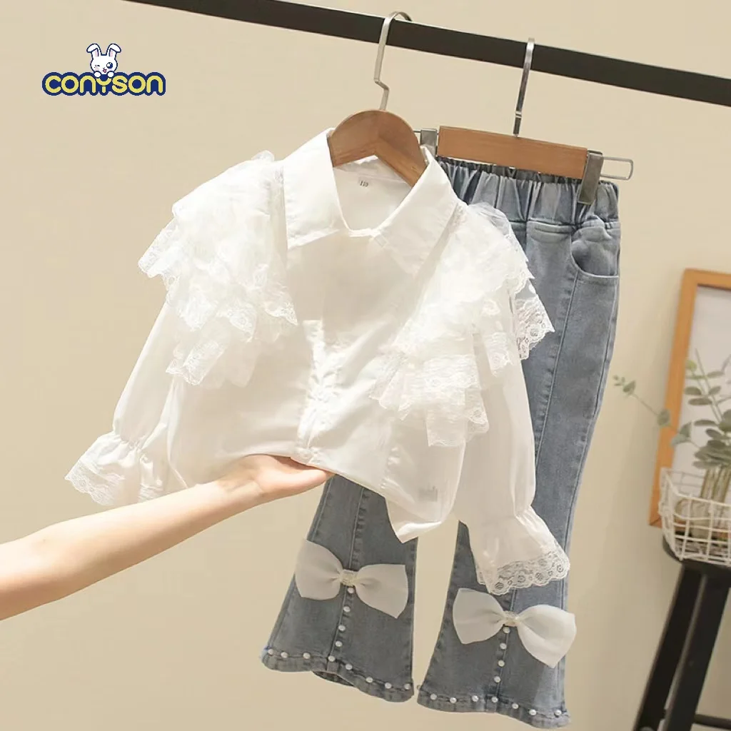 Conyson Kids Clothes Fashion Cotton Girl Child Clothes 2pcs Solid Tops Hole Blue Denim Pants Casual Children Girl Outfit