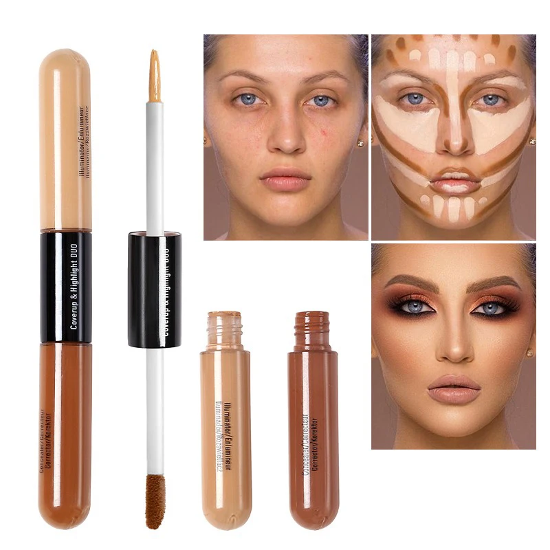 Double Head Brighten Skin Concealer Foundation Bronzer Highlighter Invisible Wrinkles Flaws Face Contour Makeup