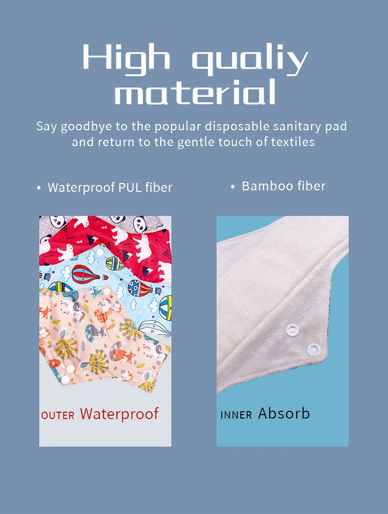 Goodbum 25CM*18CM Women OEM High Absorbent Reusable Bamboo Fiber Menstrual Cloth Pads Cloth Sanitary Napkin