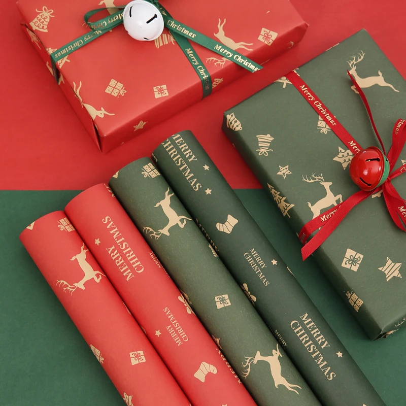Wholesale Packing Paper Christmas Design Factory Stock Christmas Pattern Red Green Kraft Gift Wrapping Paper With Bell and Elk