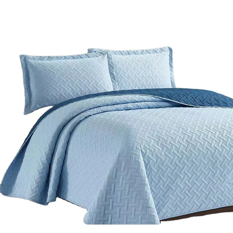 Cotton sky blue simple 3 pcs comforter quilt reversible hotel ultrasonic quilt bedding set