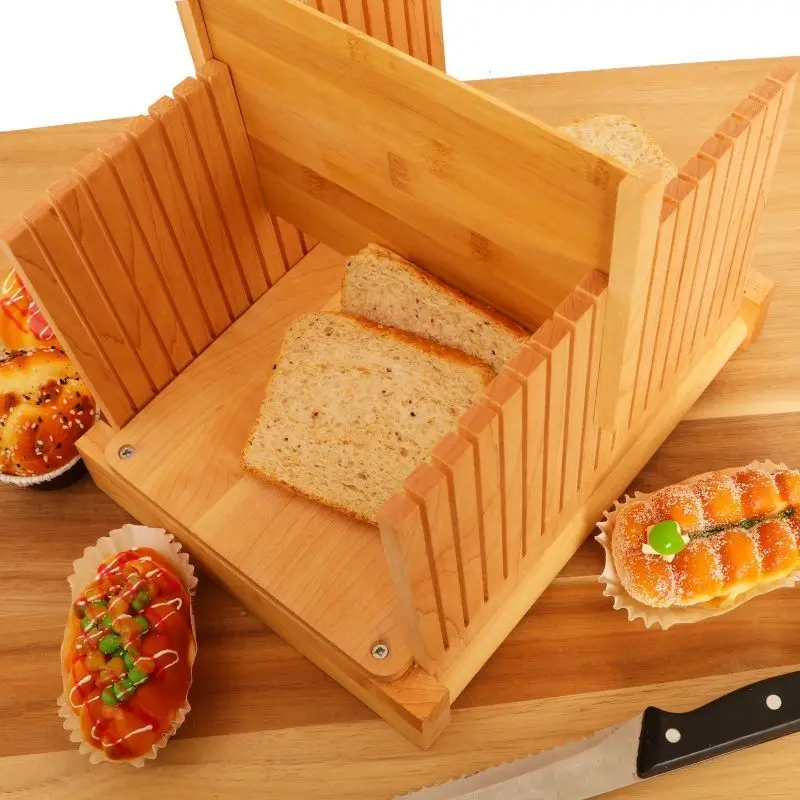 Portable bamboo bread cutter with folding wood chip collection tray Kitchen preferred bamboo and wood toast splitting tool