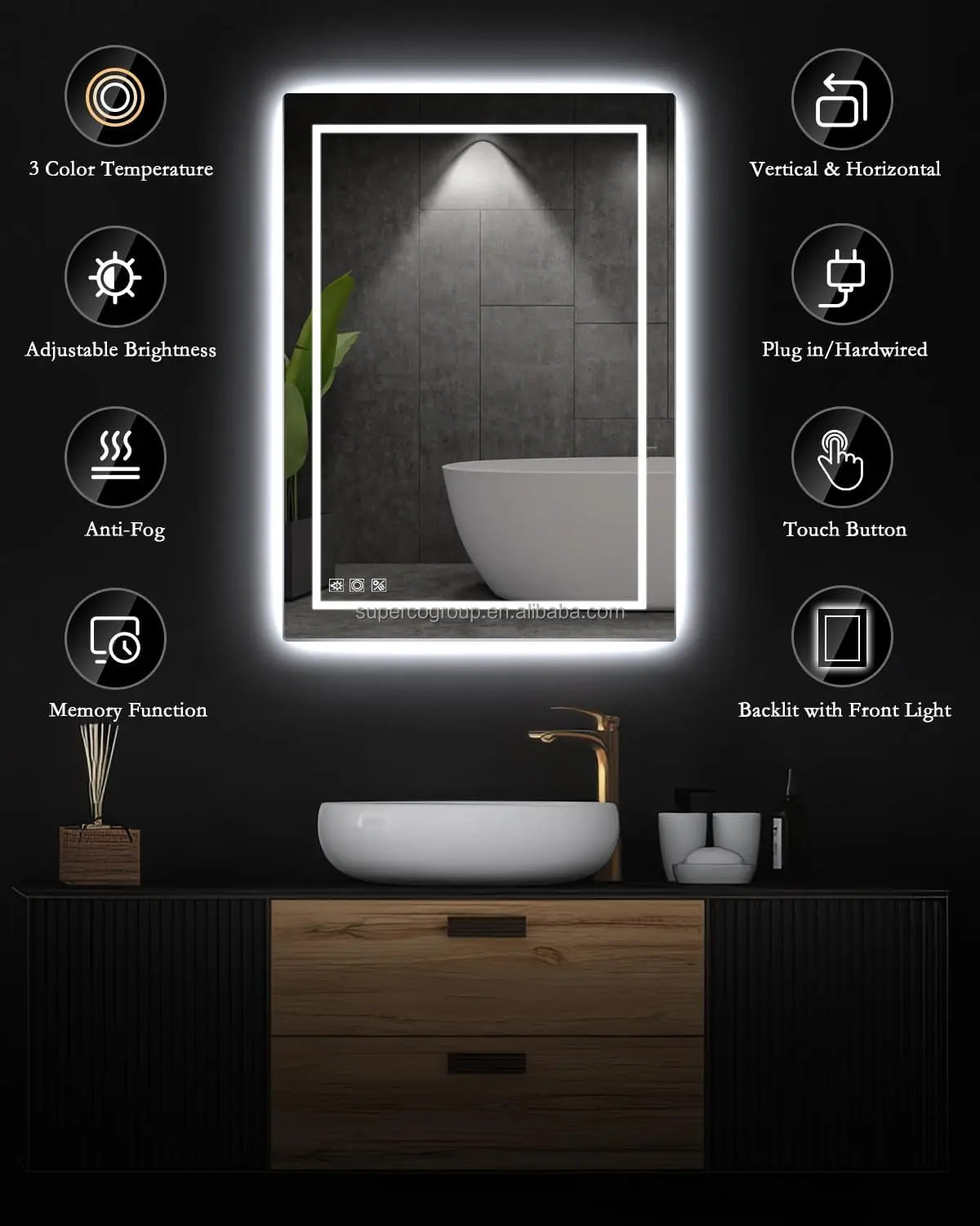 Superco Factory LED Wall Mirror Lamp for Bathroom Smart Touch Switch Modern Design for Beauty Hair Salon Hairdressing Makeup
