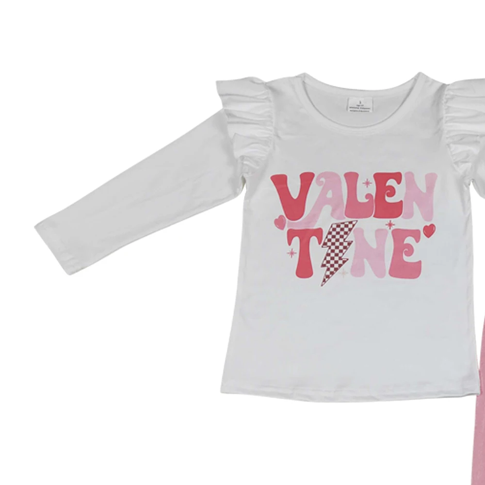 Valentines clothes white long sleeves flutter top pink bell bottom pant wholesale girls clothes outfit boutique low price no moq