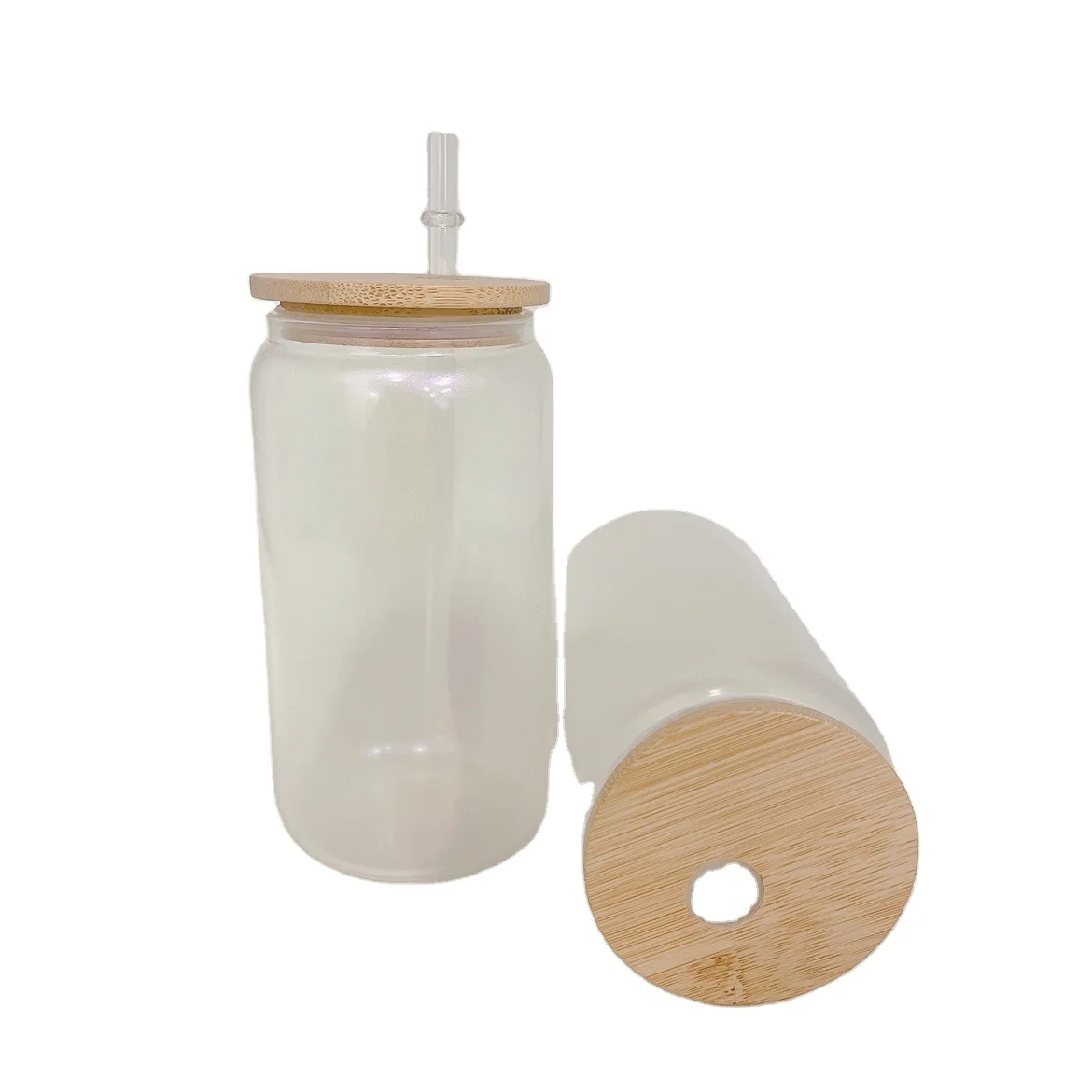 16oz Sublimation Mug Beer Can Shaped Drinking Glass Cup With Bamboo Lid Iced Coffee Glasses Cute Tumbler Cup