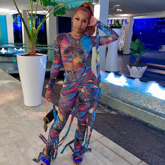 Dvacaman, модные новые поступления 2021, комплект из двух предметов, сексуальные брюки с длинным рукавом, с асимметричным поясом, женские сетчатые брюки, наборы