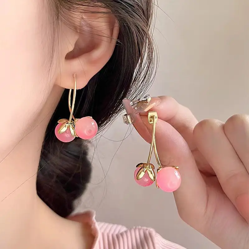 Korean Style Temperament Pink White Cherry Fruit Fringe Drop Stud Earrings for Women Girls Fashion Jewelry Daily Party