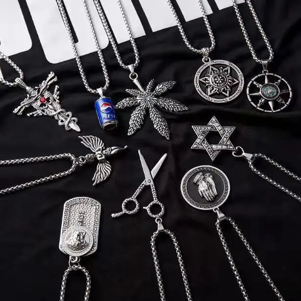 Retro All-match Fashion Dangle Necklaces Triangular-eye  Maple Leaf Feather Scooter Skull Compass Eagle Pendant Drop Necklace