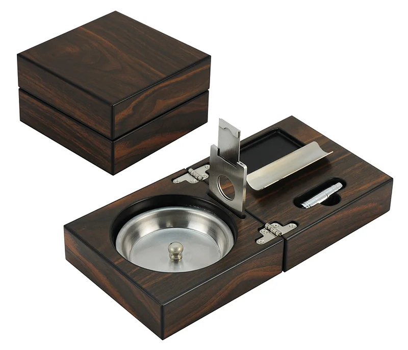 Hot selling  Walnut Folding Wood Cigar Ashtray with cigar cutter and punch
