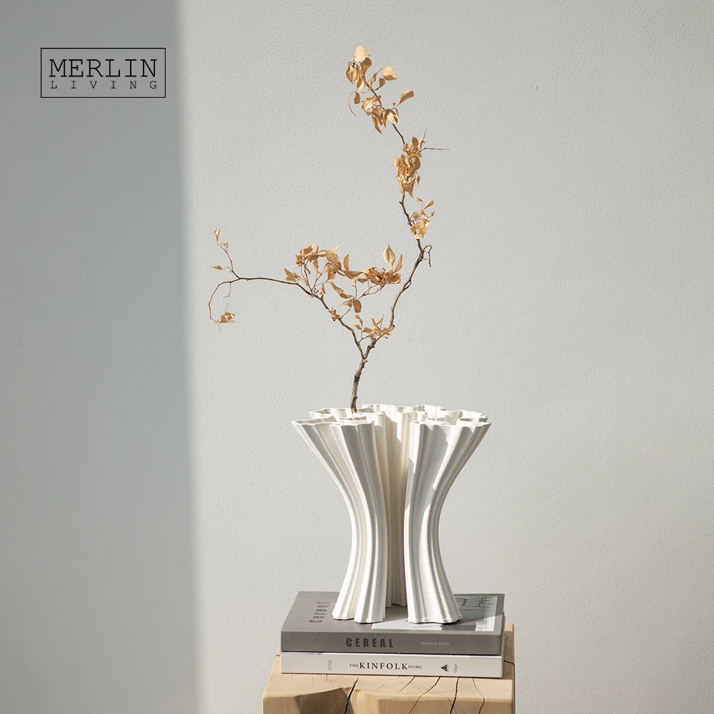 Merlin Living 3D Printing Vase irregular folding shape white vase ceramic decoration Chaozhou Ceramic Factory Manufacturing