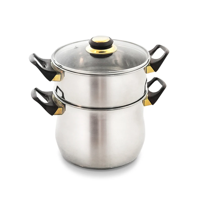 2 Tier Stainless Steel Steamer Pot Cookware Boiler with Tempered Glass Lid
