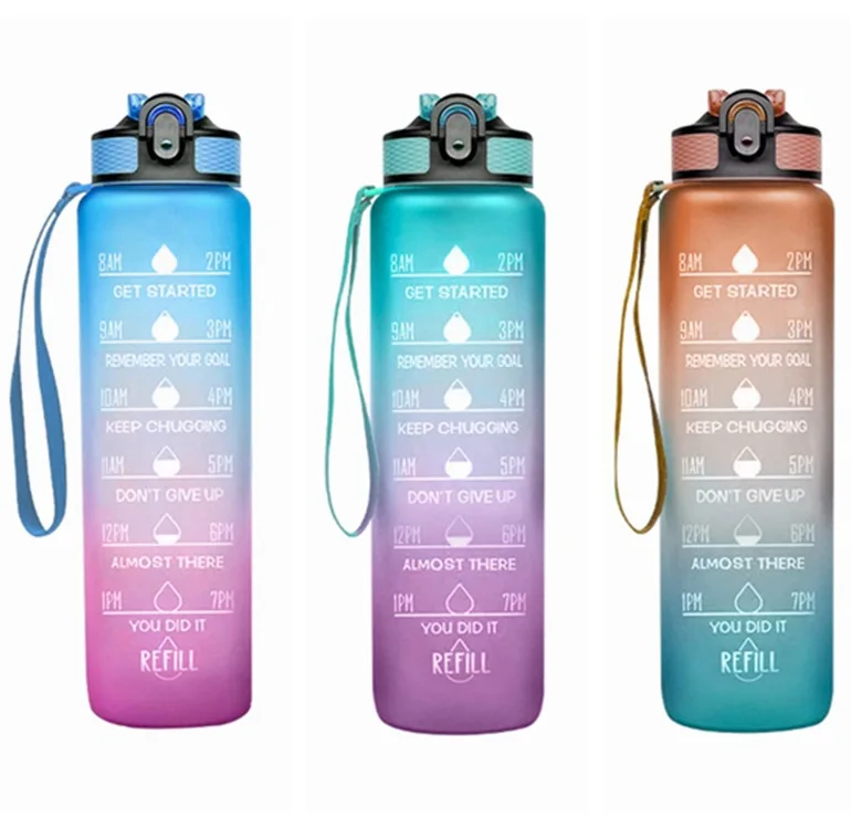 34oz sport gradient plastic water bottles BPA free motivational fitness sports printed water bottle with time marker