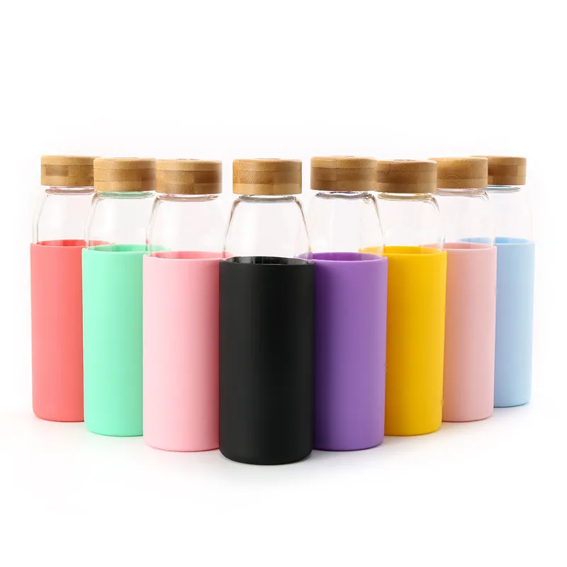most popular products fridge water bottle bamboo lid glass cup with silicone sleeve