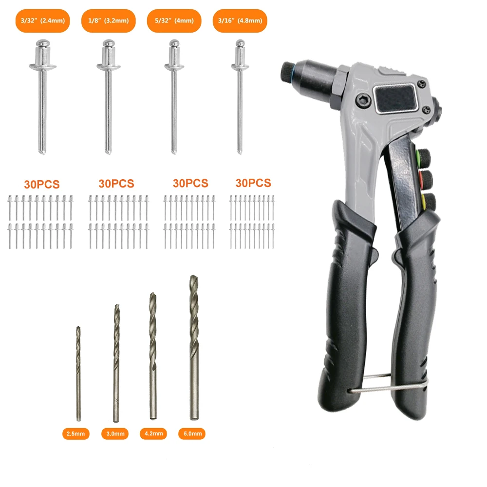 hand Tool with 120 pieces rivets and 4 rivet heads include 2.4mm 3.2mm 4.0mm 4.8mm in Case  Rivet Gun Kit for processing Blind