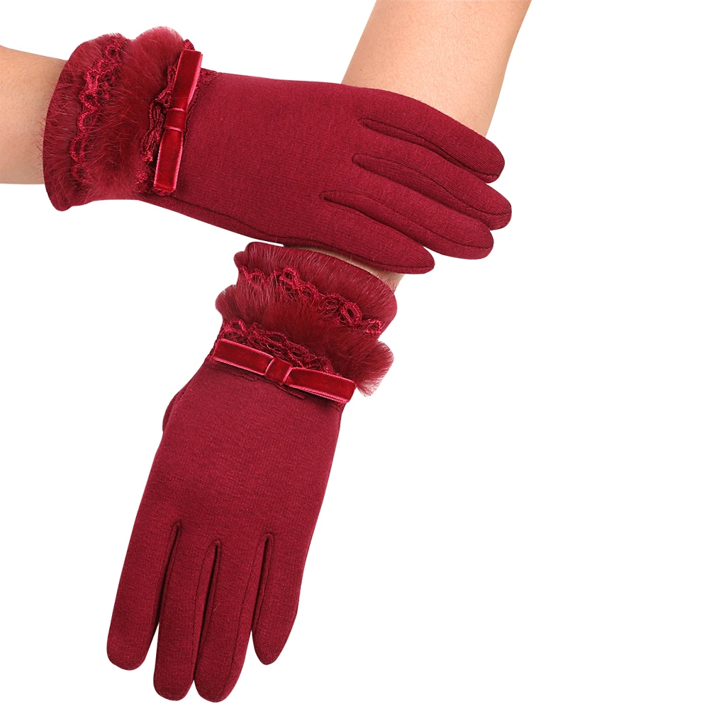 Женские перчатки из полиэстера, спандекса, Коралловая подкладка, полоски из кроличьей шерсти, декоративные перчатки из проводящей пряжи для сенсорного экрана