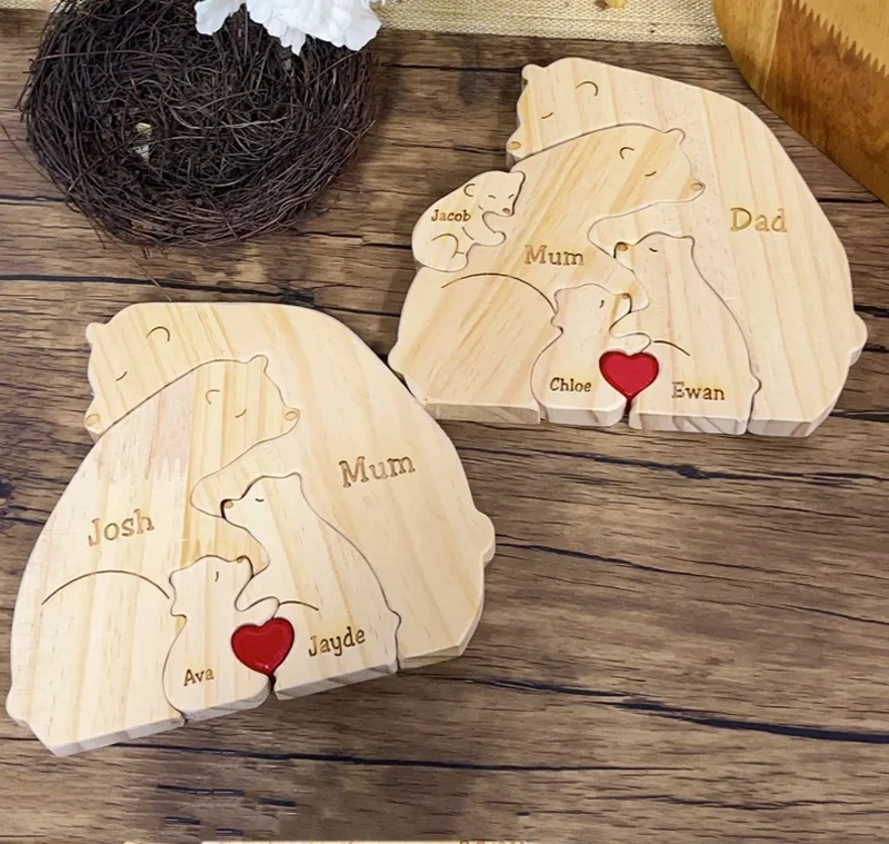 Wooden Bear Family Puzzle Engraved Family Name Puzzle Animal Family Keepsake Gift for Parents Home Decor Gift for Kids
