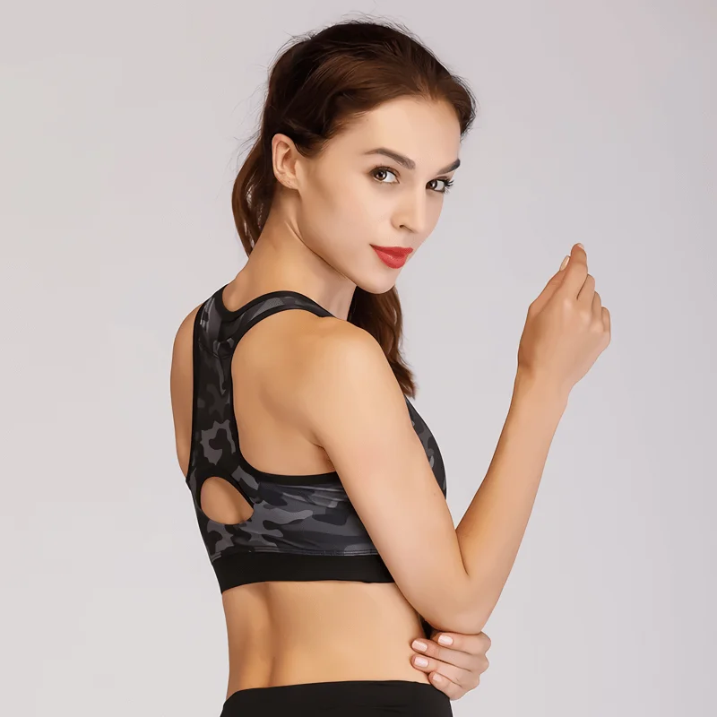 Camo Print Workout Black Seamless Nylon High Covering Chested Women Sexy Fitness Sports Yoga Strap Bra Tops Gym Clothing