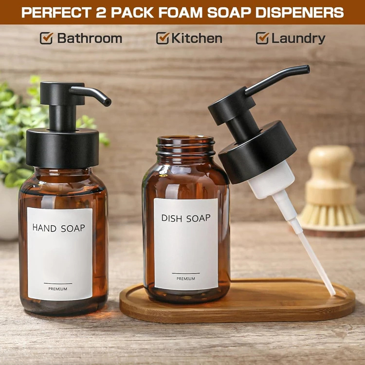 2 Pack Amber Glass Jar Soap Dispenser with Foaming Pump 8.5 oz Round Bottles Dispenser with Foaming Pump Support Customiztion