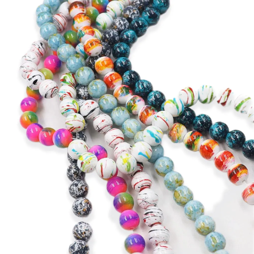 8mm 10mm Mixed Round Glass Picture Beads for Jewelry Making 10 Colors Stock For Sale Plated Technique
