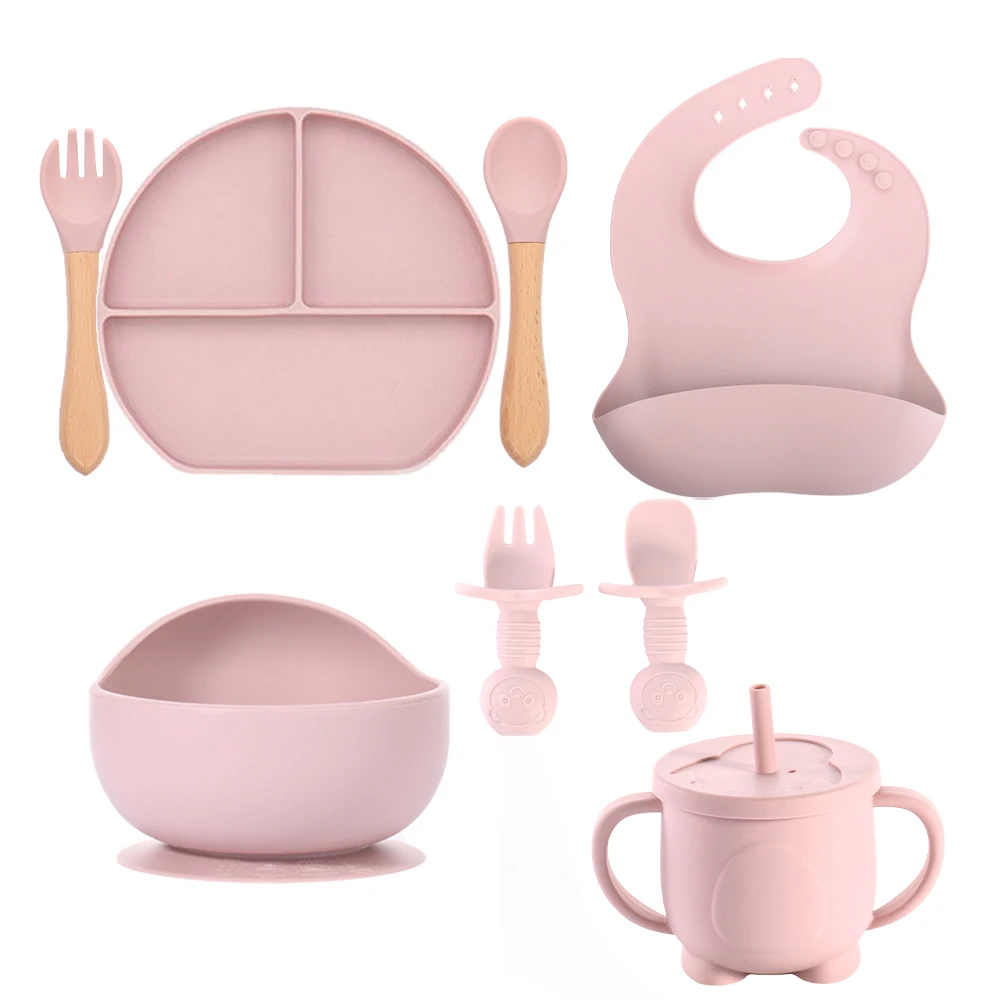 100% Bpa Free Baby Feeding Supplies Kids Dining Tableware Spill Proof Plate Bowl Bib Spoon Baby Silicone Feeding Set