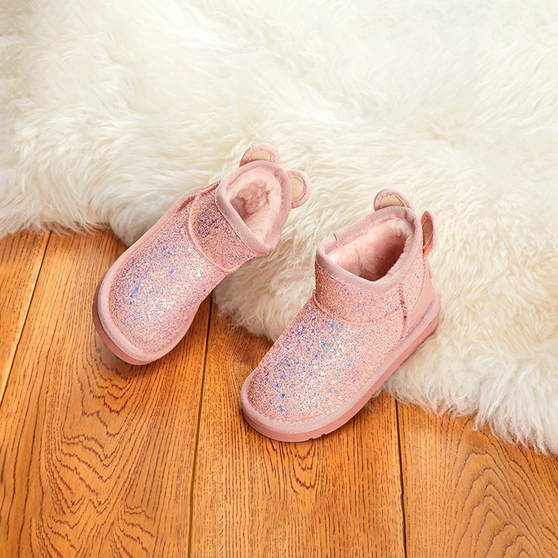 children winter fashion Bling Kids Boots Faux Fur ankle rabbit sequins warm shoes for student