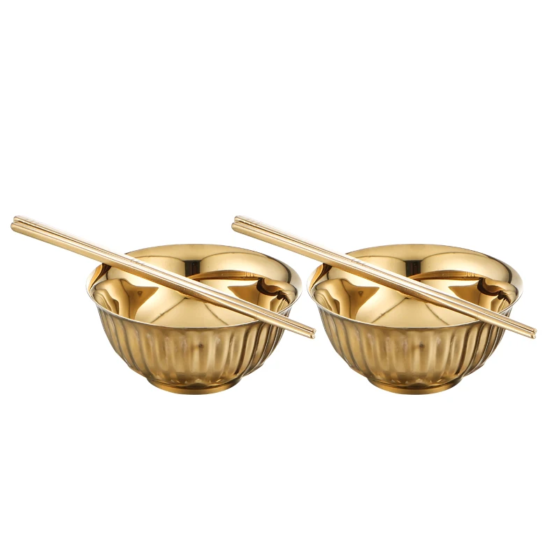 Ready to ship golden stainless steel  bowls set with chopsticks