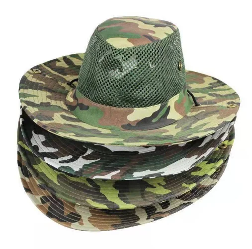 Outdoor adjustable camo wide brim safari cap mesh fisherman hats bucket hats