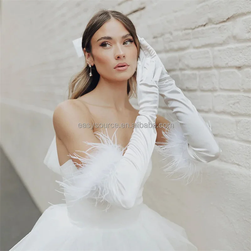 YM86 Feather satin Lady Gloves Women Bridal Long Elbow Length Gloves Wedding Bride Accessories
