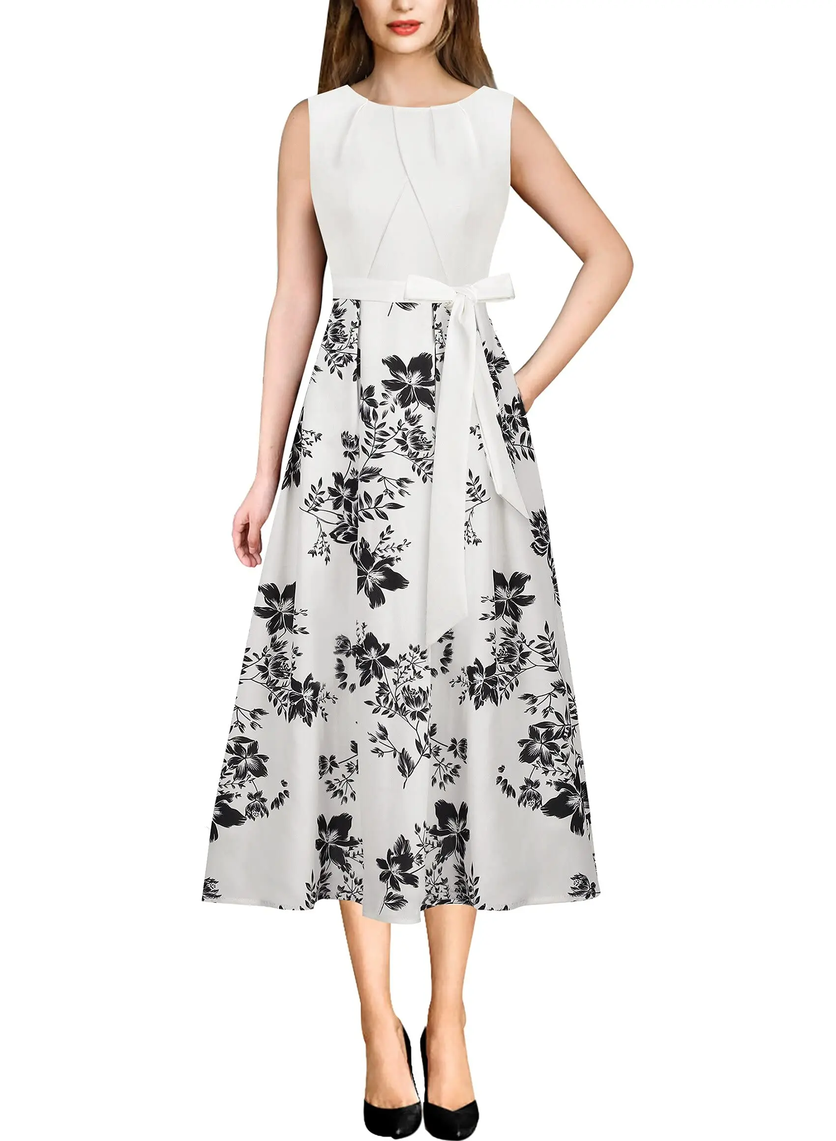 Cyalaa YM23 Womens Work Office Career  Wear Business Dress Elegant Patchwork Pockets Print Work Casual A-Line Midi Dress