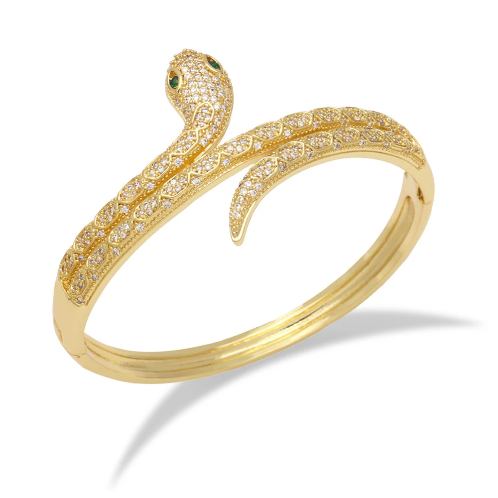 Gold Tone Copper Alloy Icing Zircon Green Snake Eye Snake Head Bangle Cuff Bracelet for Women