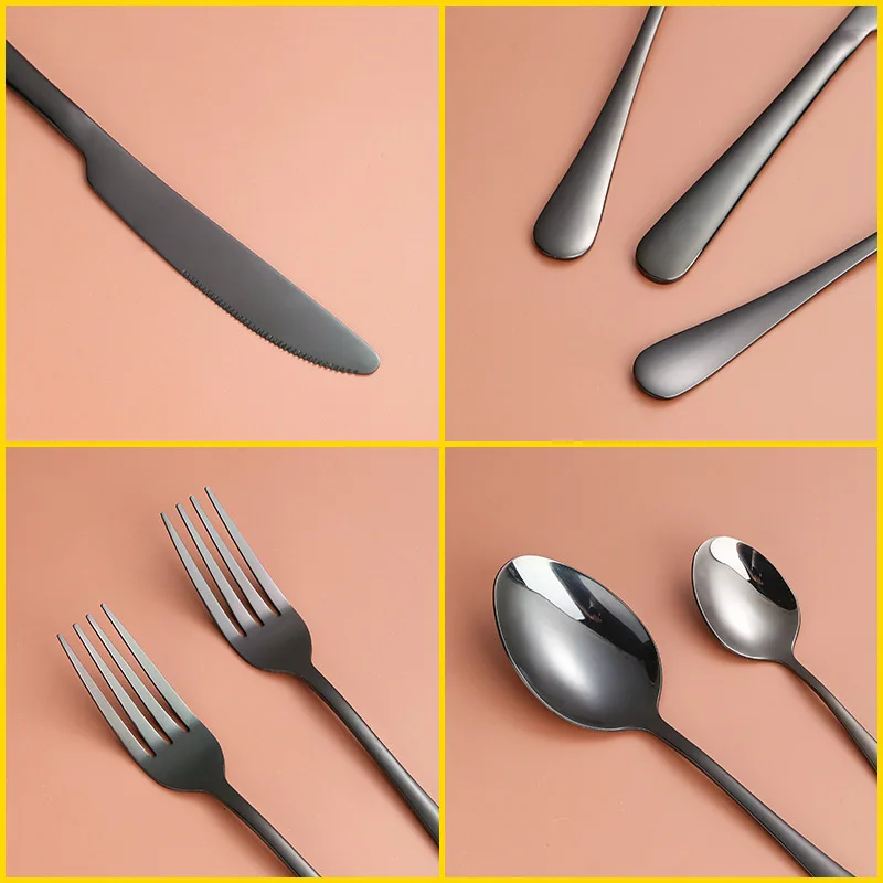 Fast delivery restaurant hotel stainless steel cutlery set knife fork spoon flatware sets black gold flatware bulk custom logo