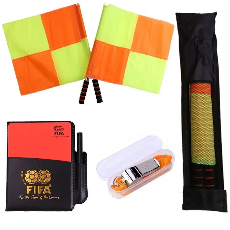 4 in 1 Football Soccer Referee kit Linesman Flags Referee Whistle Toss Coin and Yellow Cards with Notebook Referee Accessories