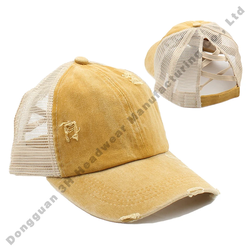 High Quality Cotton Denim Criss-Cross Bundle Hair Tie Washed Vintage Ponytail Hat Custom Logo Distressed Ponytail Caps Hats