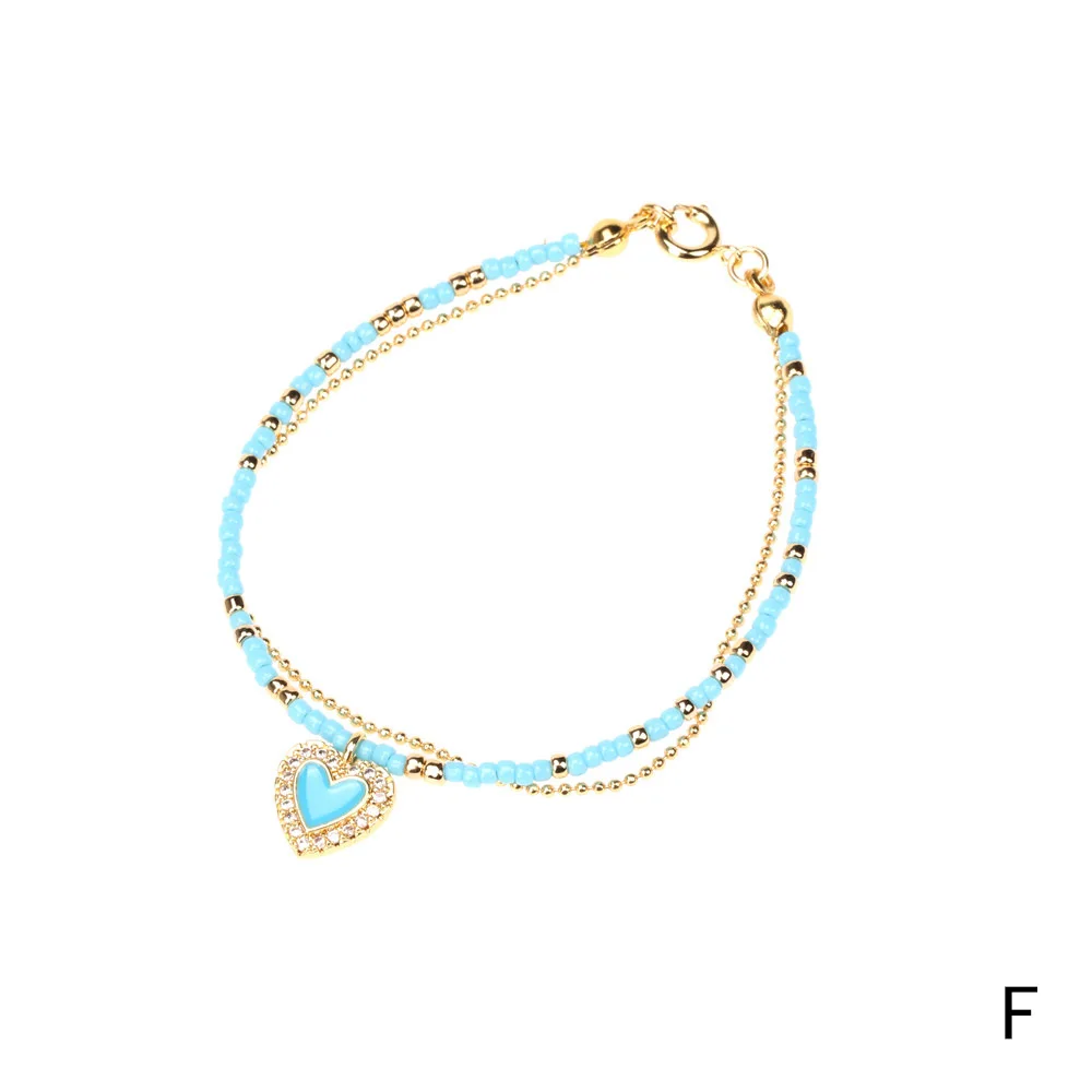 Fashion Cute CZ Micro Paved Double Layers Miyuki Rice Bead Chain Bracelet Glass Beads Rainbow Enamel Love Heart Charm Bracelet