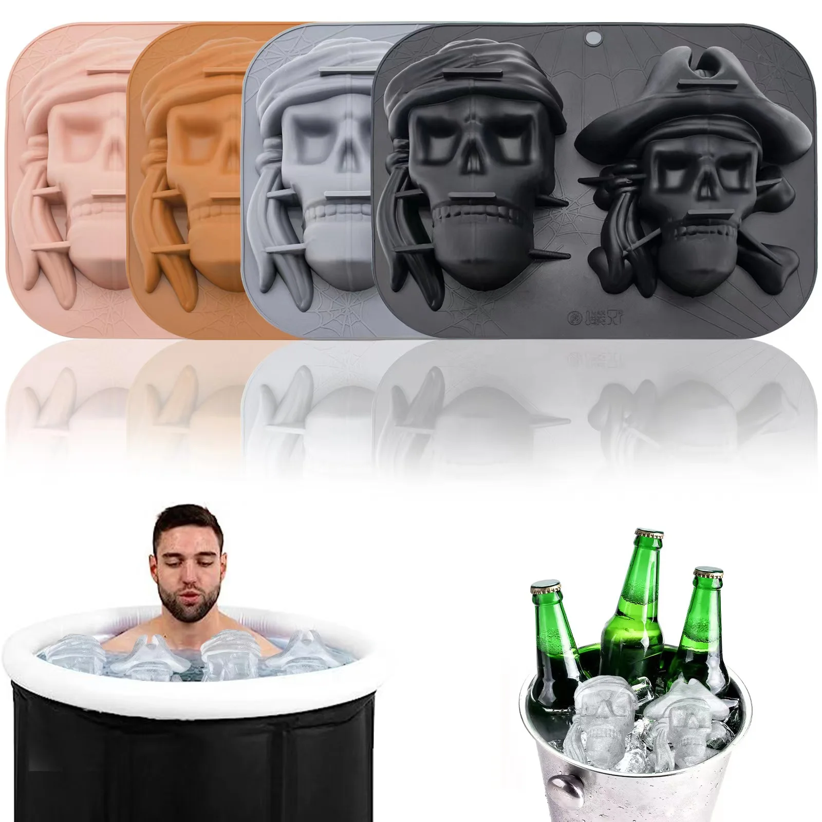 diy 3d bpa free big large ball shape chocolate creative maker soft silicone Pirate face ice cube tray mold