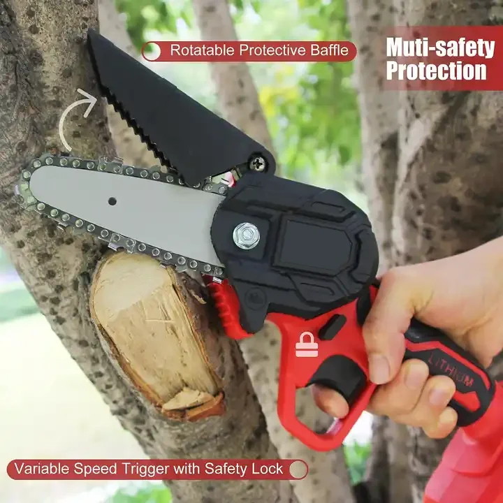 Mini Chainsaw 4-Inch with 2 Battery Hand Held Small Rechargeable Cordless Saw with 2 Chains Security Lock for Wood Cutting
