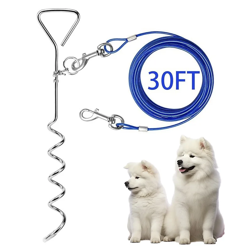 Kingtale Custom High Carbon PVC Coated Steel Wire Dog tie out stake Cable and Stake Outdoor for Medium to Large Dogs