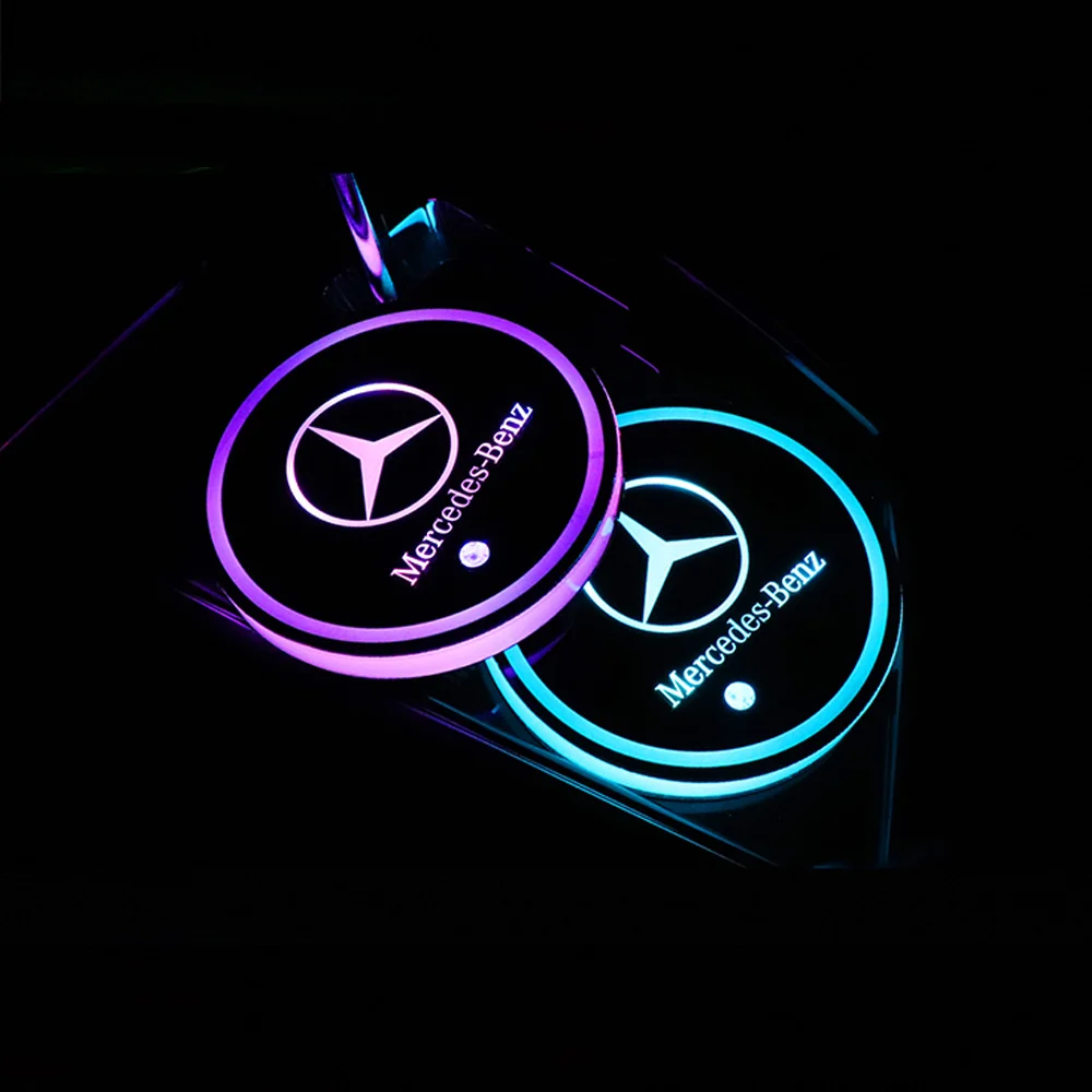 E CLASS W212 CLA CLS Pair RGB LED Car Cup Holder Pad Mat & USB Charge Auto Interior Atmosphere Lights