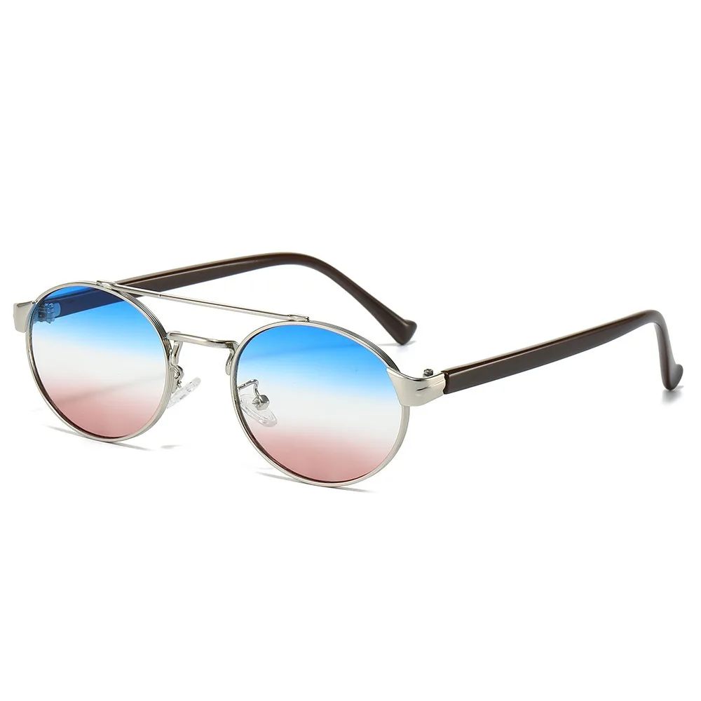 Wholesale luxury fashion simple cool double girder sunglass trendy oval round metal frame gradient colorful men women sunglasses