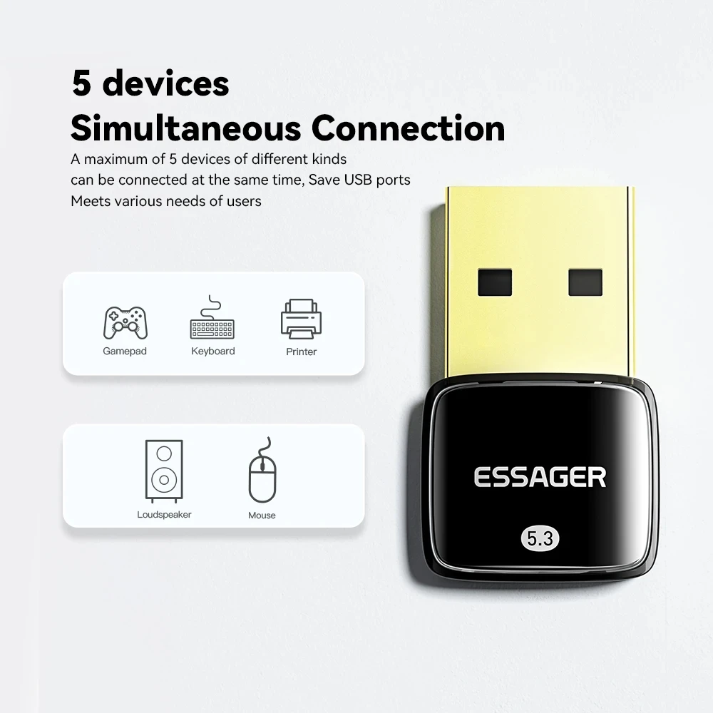 Esager USB Blue-tooth 5.3 Dongle Adapter for PC Laptop Speaker Wireless Mouse Earphone Keyboard Music Audio Receiver Transmitter