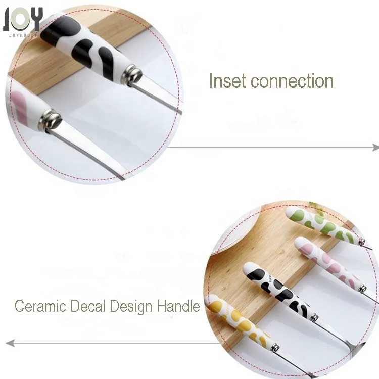 Green Creative Cow Pattern Design Flatware Set of 3 Ceramics Handle Stainless Steel Spoon Fork Chopsticks for Traveling
