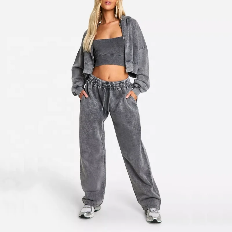 Hot Fashion Zip Up Hoodie Jogger Sweatsuit Customize Vintage Street Wear 2 Pieces Set Women Oversize Acid Wash Tracksuit