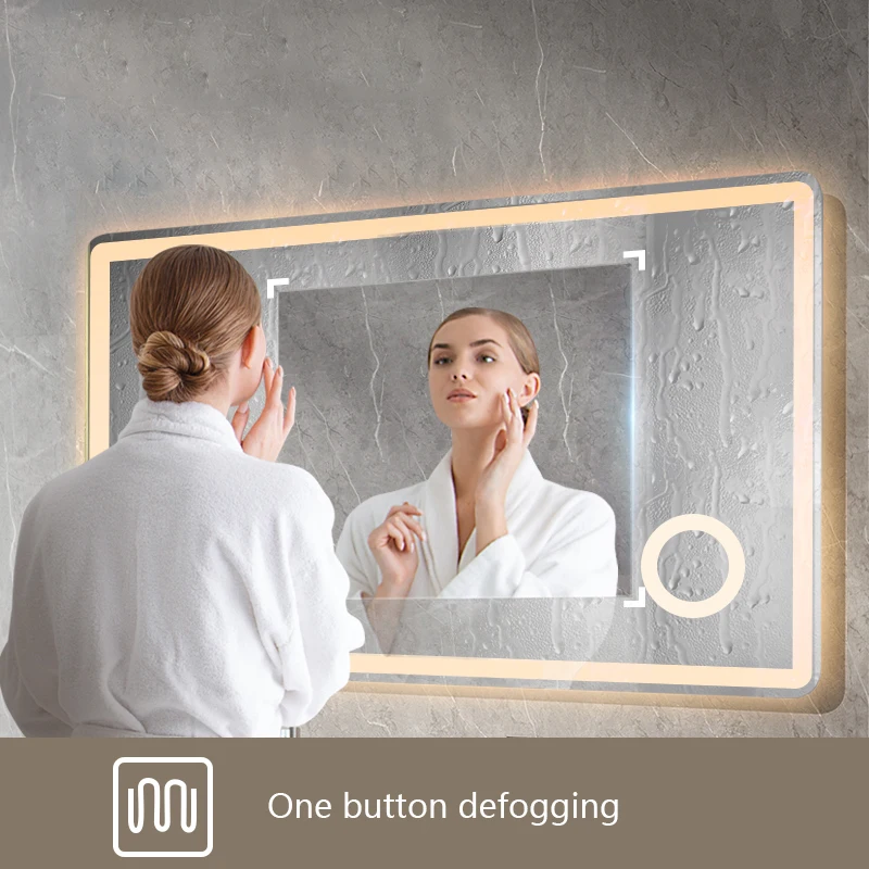wall mounted led defogger smart touch screen mirror waterproof silver backlit lighting led mirror for hotel bathroom